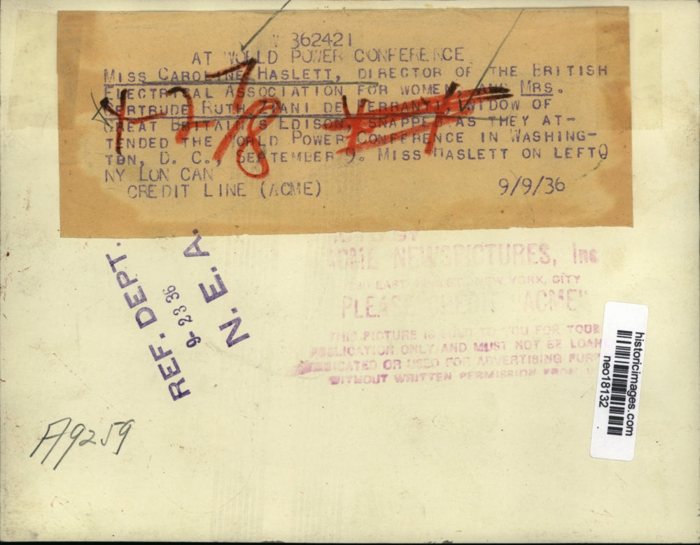 1936 Press Photo Caroline Haslett & Gertrude De Herranti at World power Conf