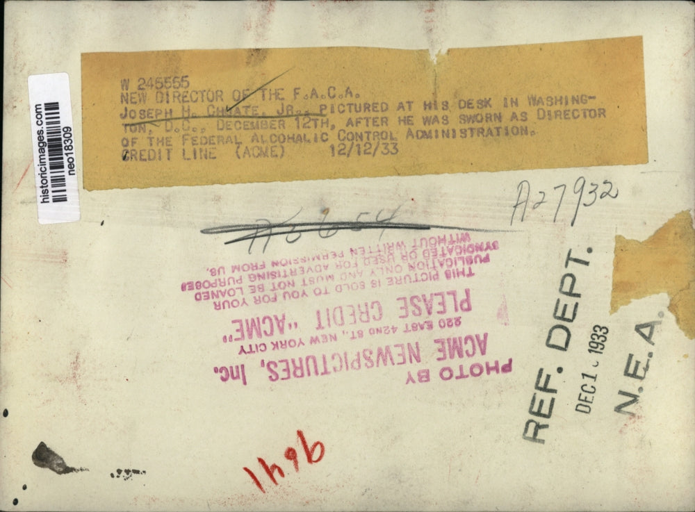 1933 Press Photo Joseph H. Choate, Jr., Federal Alcoholic Control Administration