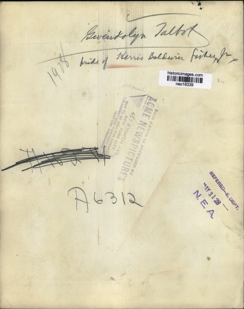 1928 Press Photo Gwendolyn Talbot, Bride of Harris Baldwin Fisher, Jr.