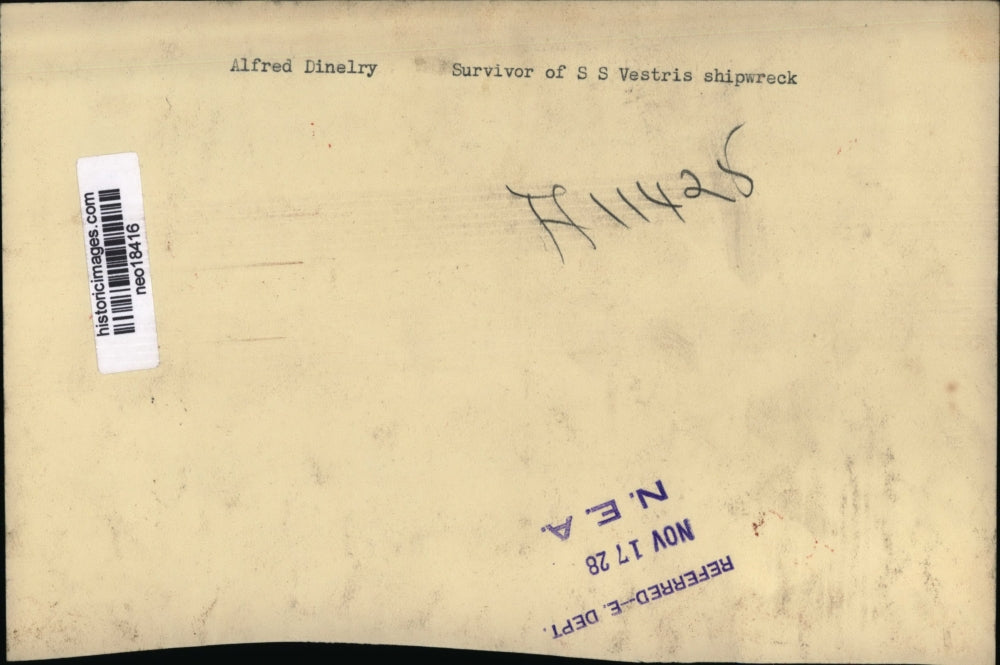 1928 Press Photo Alfred Dinelry, Survivor of S.S. Vestris Shipwreck - neo18416