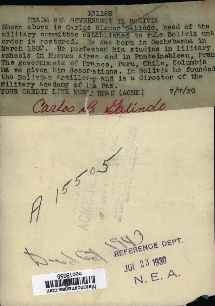 1930 Press Photo Carlos Balnco Galindo, Bolivian Leader - neo18655