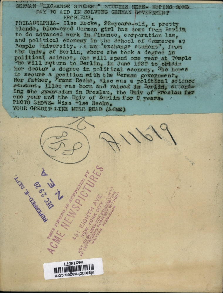 1928 Press Photo Ilse Recke, German Exchange Student in Philadelphia - neo18671