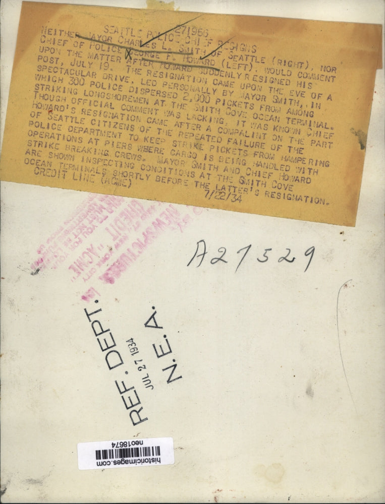 1934 Press Photo Charles L. Smith & George F. Howard at Smith Cove, Seattle