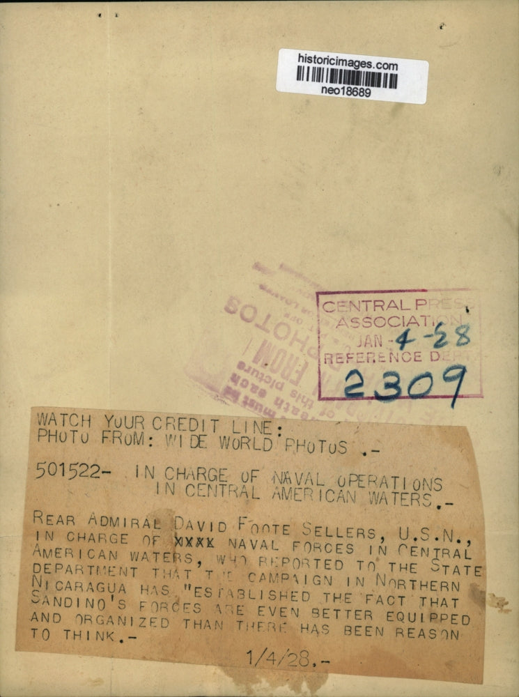 1928 Press Photo Rear Admiral David Foote Sellers of U.S. Navy Central America