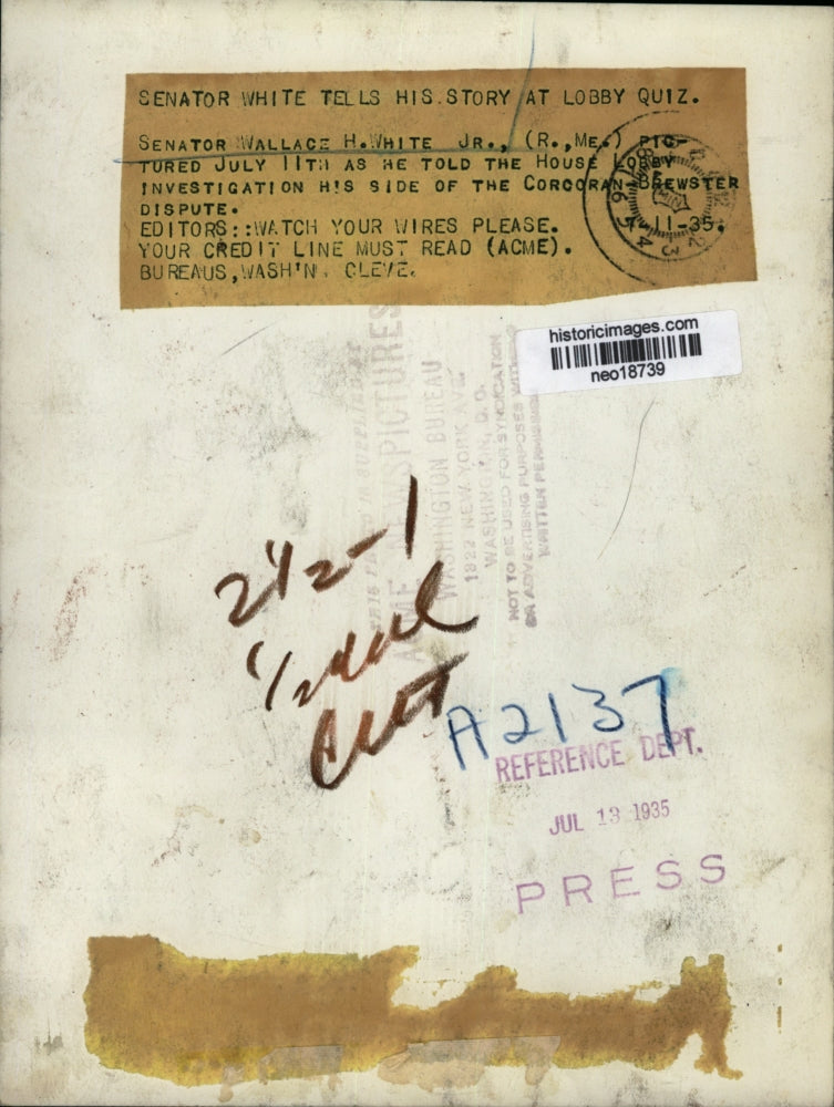 1935 Press Photo Senator Wallace H. White Jr. at House Lobby Investigation