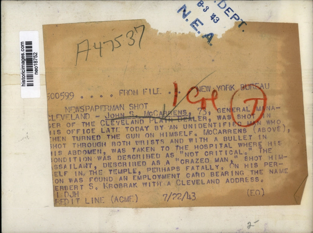 1943 Press Photo John McCarrens Shot by Man at His Office,Then Man Shot Himself