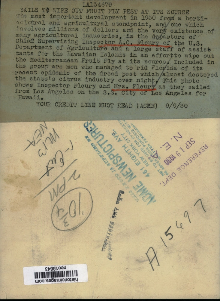 1930 Press Photo A.C. Fleury of USDA & Wife Boarding S.S. Los Angeles