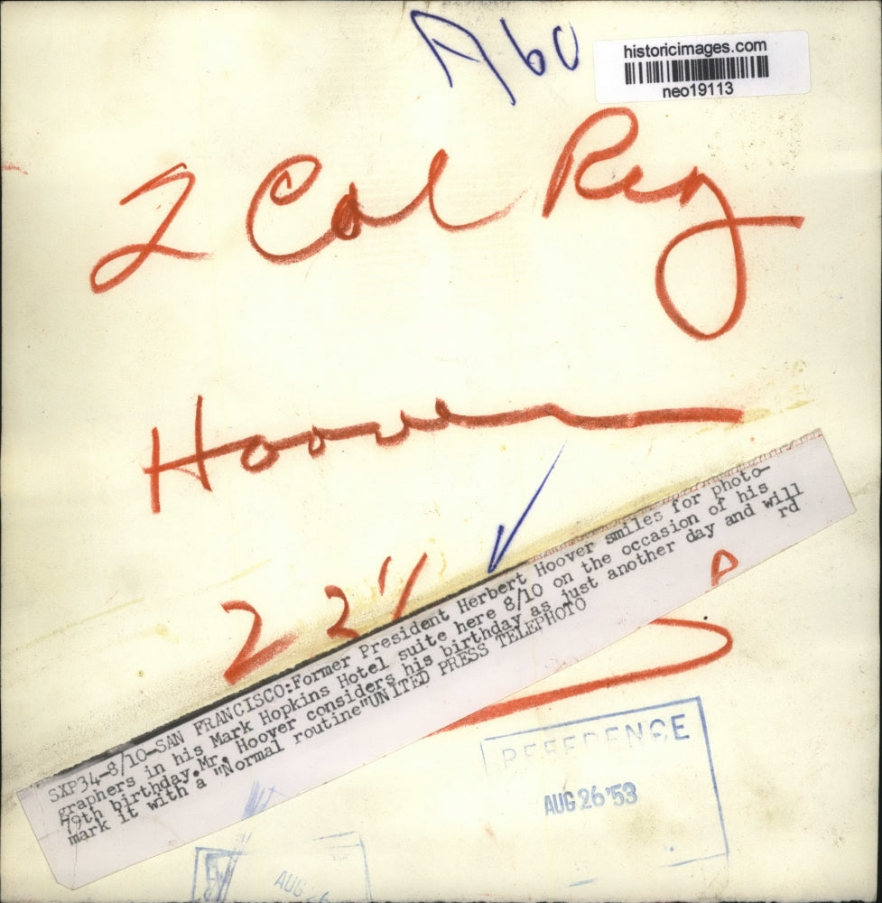 1953 Press Photo Former President Herbert Hoover on 79th birthday - neo19113