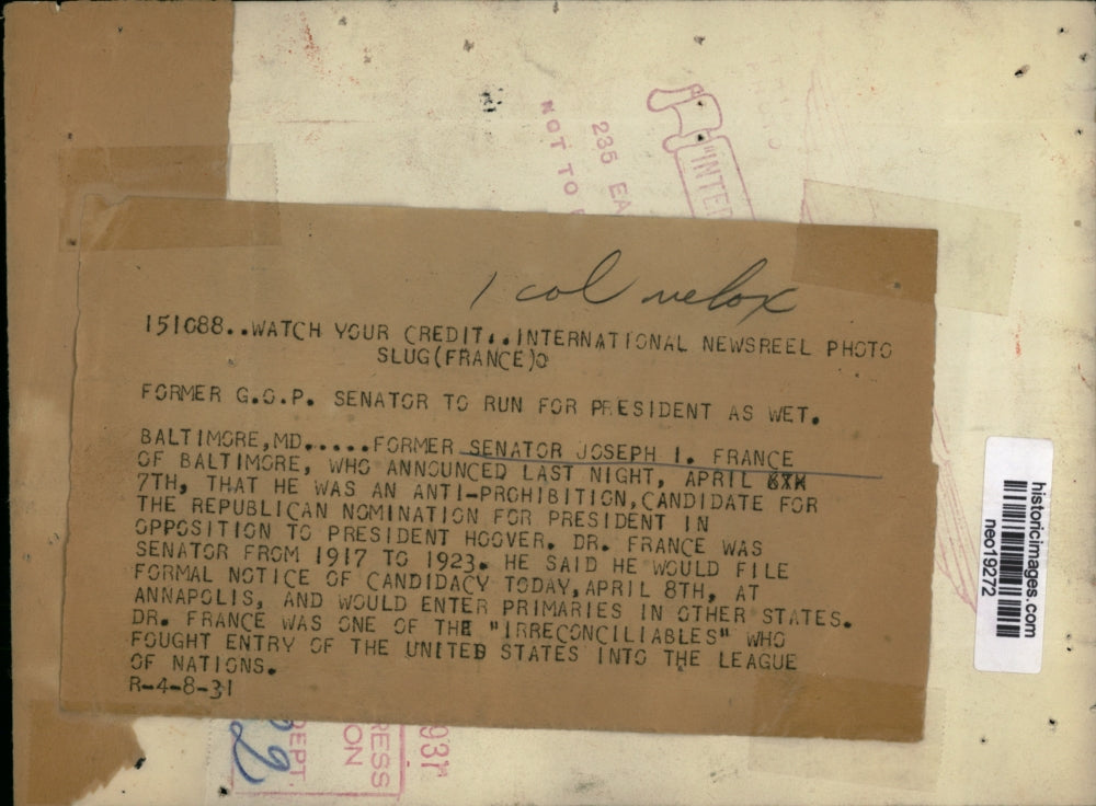 1931 Press Photo Sen. Joseph I. France to run tor President opposition of Hoover