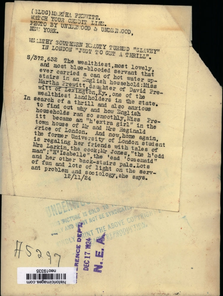 1924 Press Photo Martha Prewitt Wealthy Beauty Worked as House Servant in London