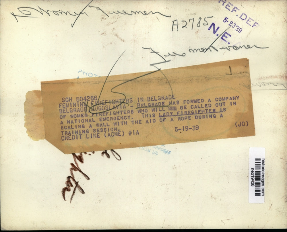 1939 Press Photo Lady Firefighter of Yugoslavia Trains for National Emergencies