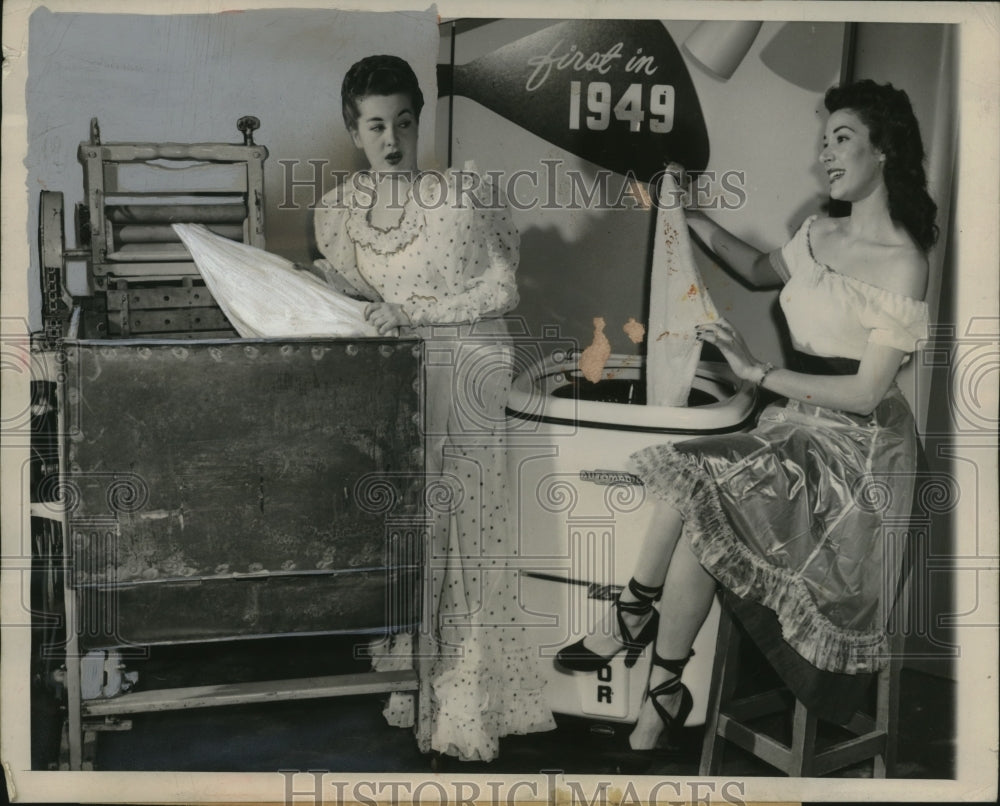 1949 Press Photo Demonstrations of Thor Washing Machines from 1906 and 1949