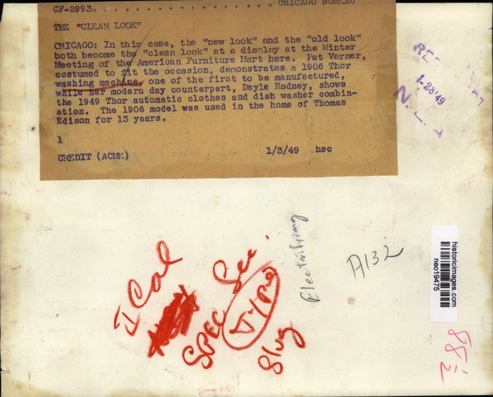 1949 Press Photo Demonstrations of Thor Washing Machines from 1906 and 1949