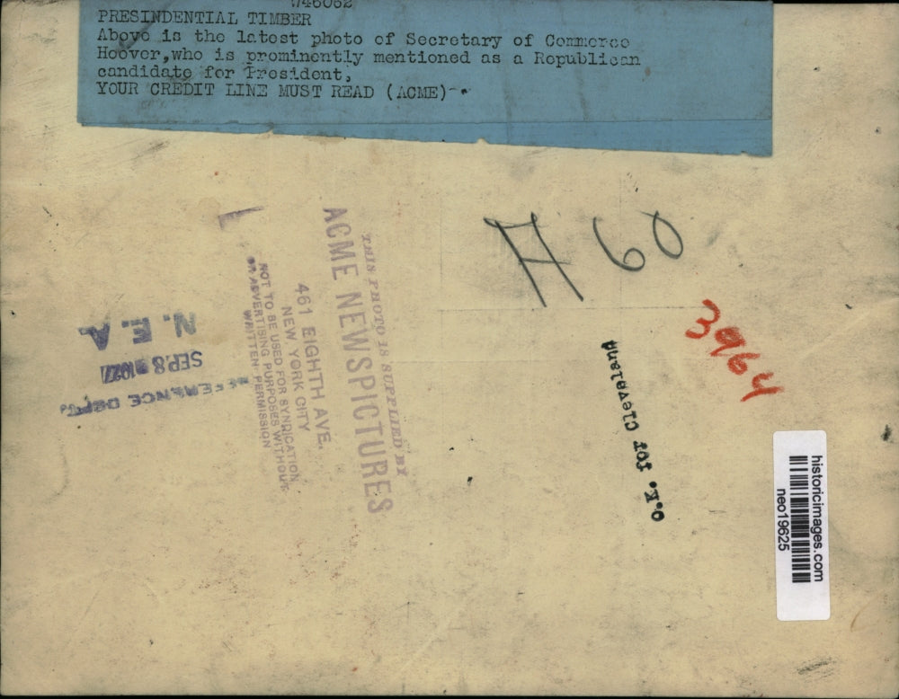 1927 Press Photo Secry of Commerce Herbert Hoover Rep Candidate for President