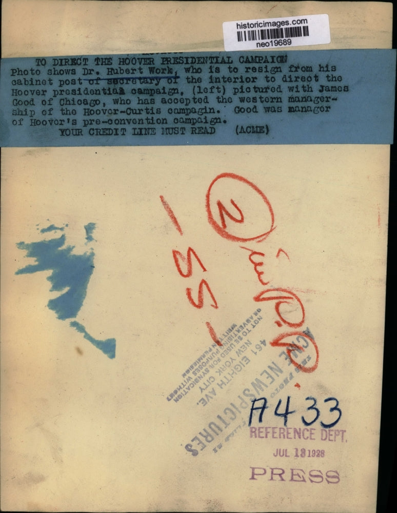 1928 Press Photo Dr. Hubert Work Resigns to James Good of Chicago, Hoover Cmpgn