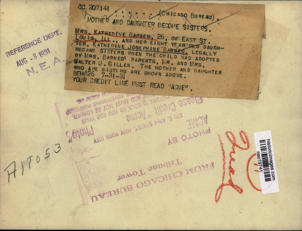 1931 Press Photo Mrs. Katherine Barnes & Daughter Katherine Josephine Barnes