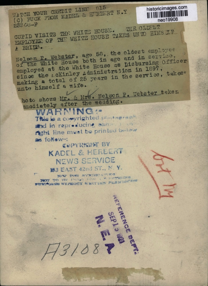 1921 Press Photo Nelson P Webster & wife employed at the White House - neo19908