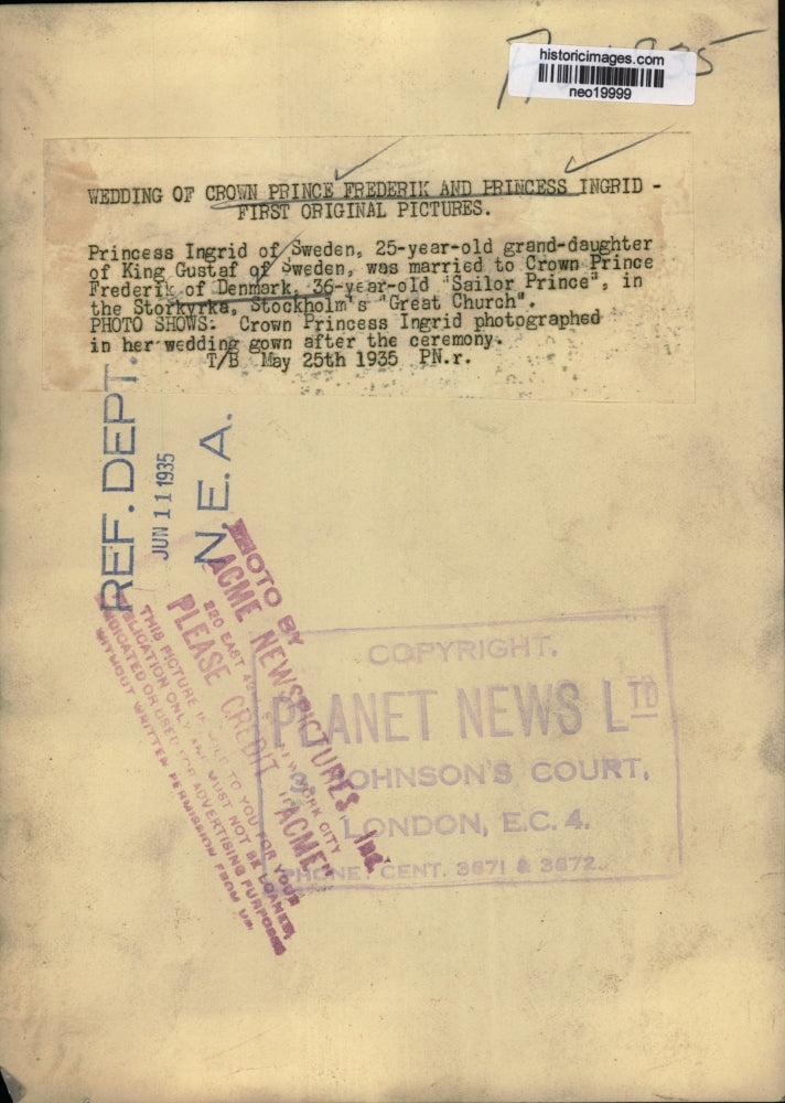 1935 Press Photo Wedding of Crown Prince Frederik & Princess Ingrid of Sweden