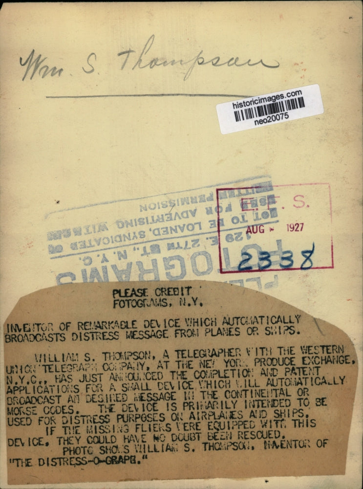 1927 Press Photo William Thompson Western Union telegrapher patented new device