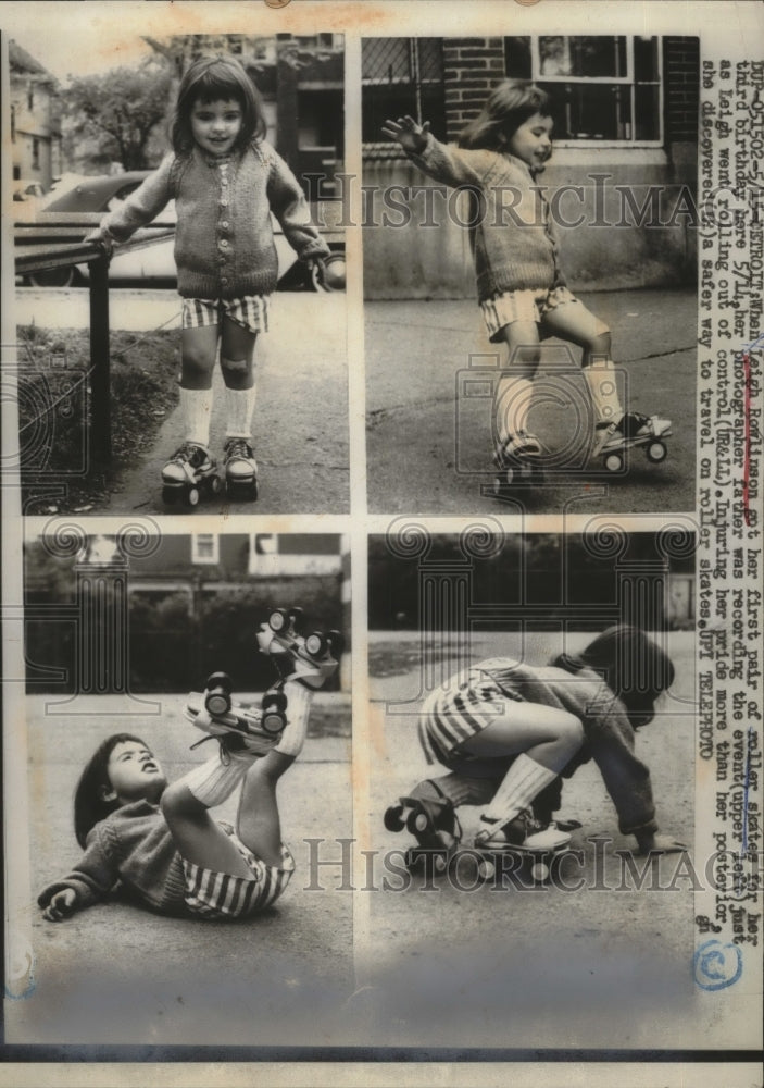 Load image into Gallery viewer, 1959 Press Photo Leigh Rowlinson Receives Roller Skates for Her Birthday
