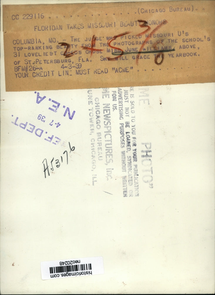 1939 Press Photo June Williams, Missouri University Most Beautiful - neo20248