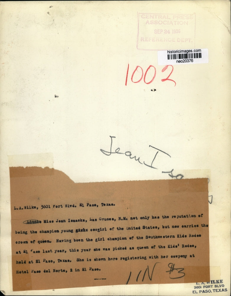 1936 Press Photo Jean Isaacke Las Cruces New Mexico champion cowgirl - neo20376