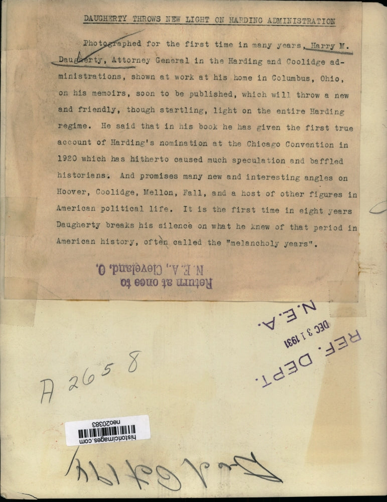 1931 Press Photo Harry M Daugherty Attorney Generral at his Columbus Ohio home