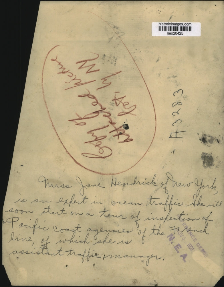 1921 Press Photo Miss Jane Hendrick of NY of French ship line on a tour