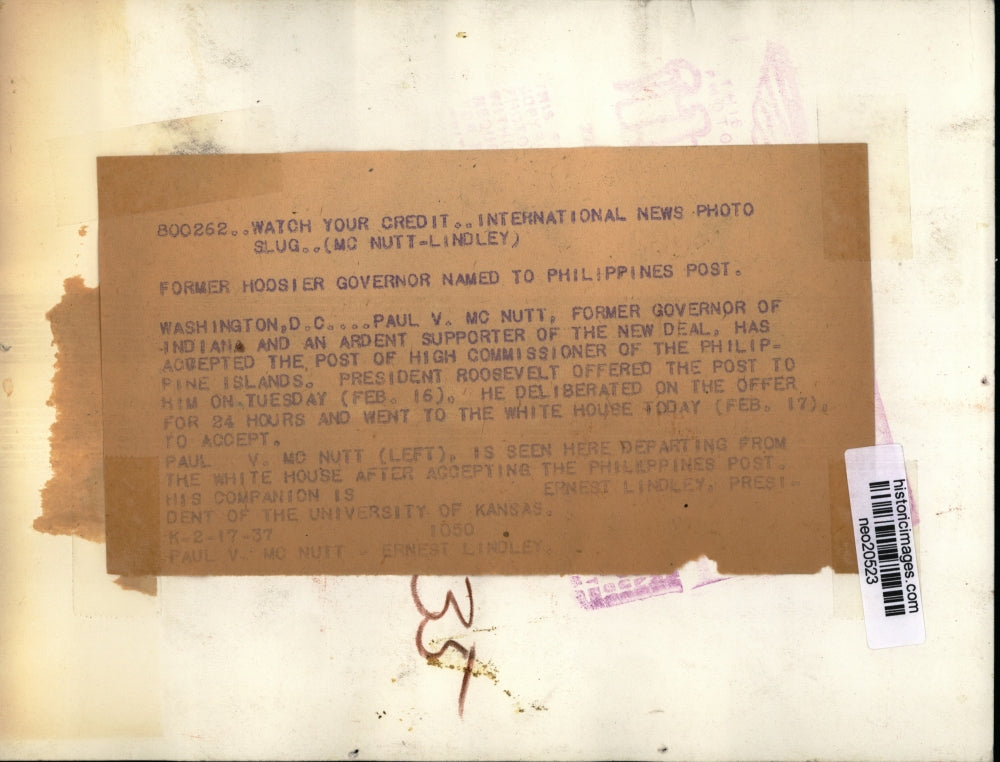 1937 Press Photo Paul V. McNutt Becomes High Commissioner of Philippine Islands