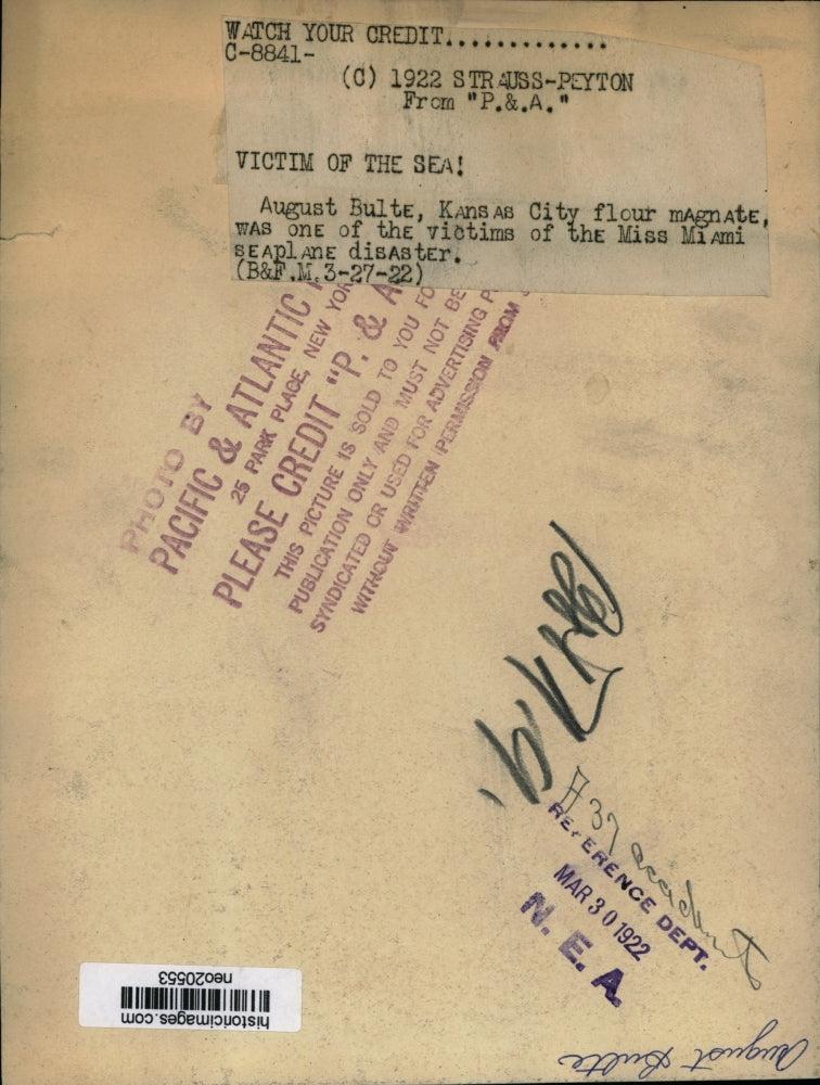 1922 Press Photo August Bulte of Kansas City died in Miss Miami plane accident