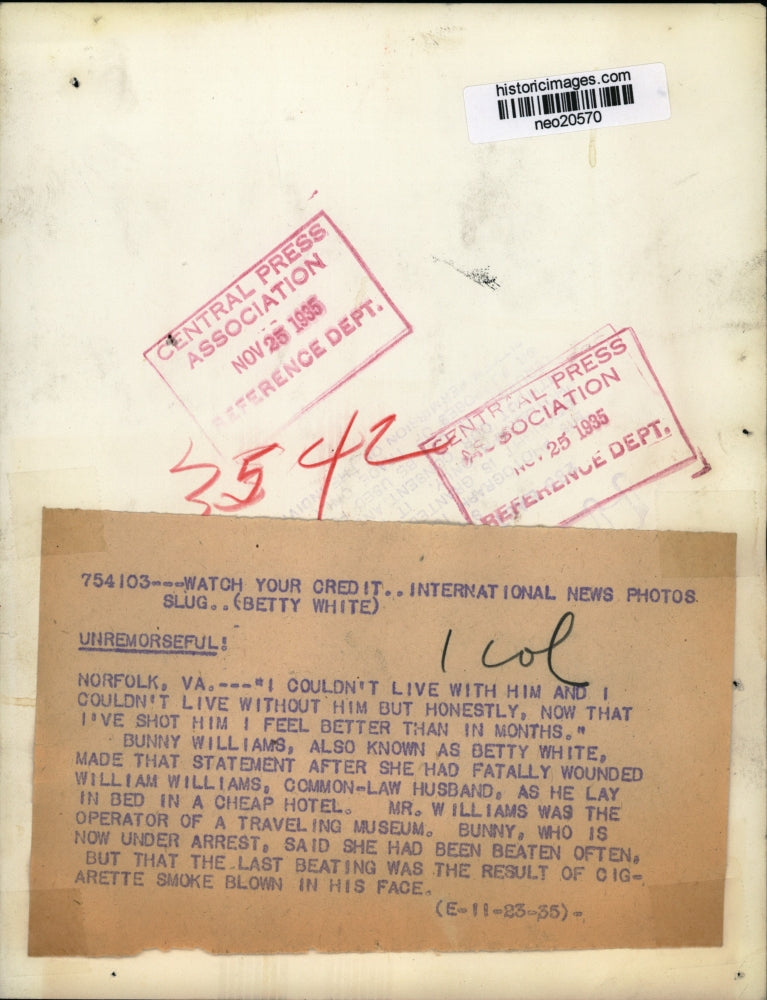 1935 Press Photo Bunny Williams Kills Husband for Allegedly Beating Her