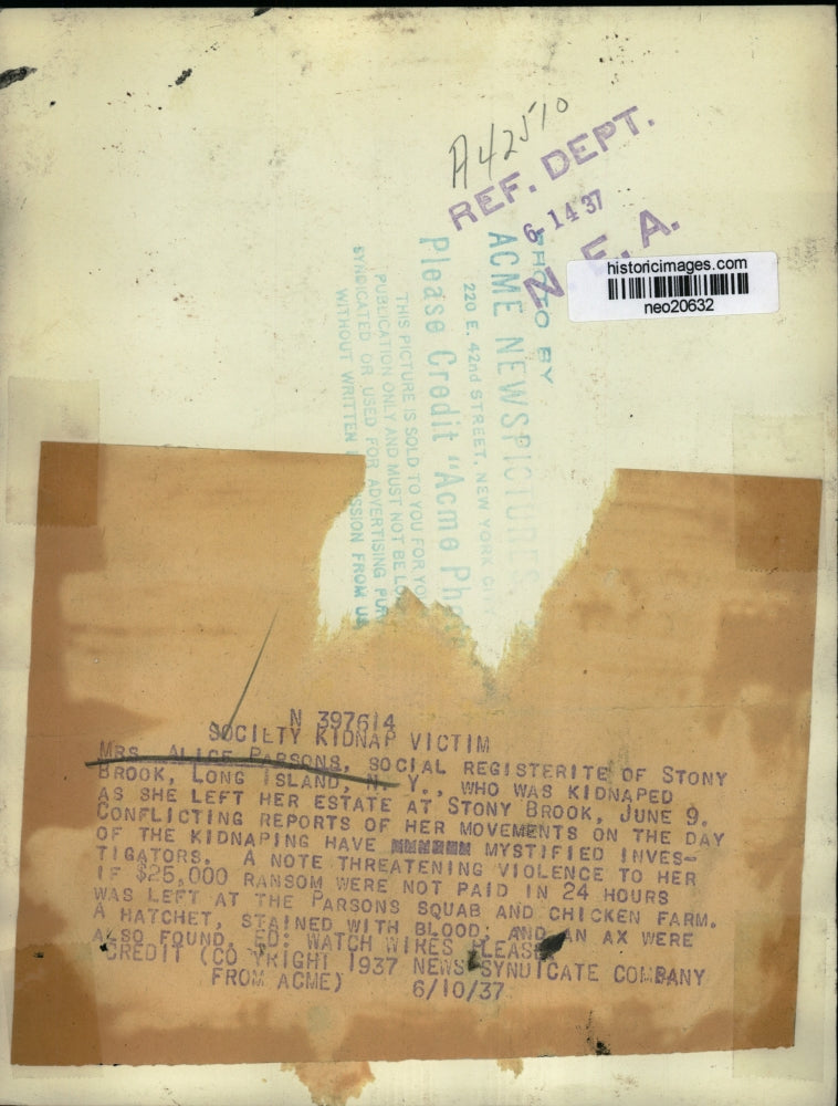 1937 Press Photo Mrs Alice Parsons NY socialite held by kidnappers - neo20632