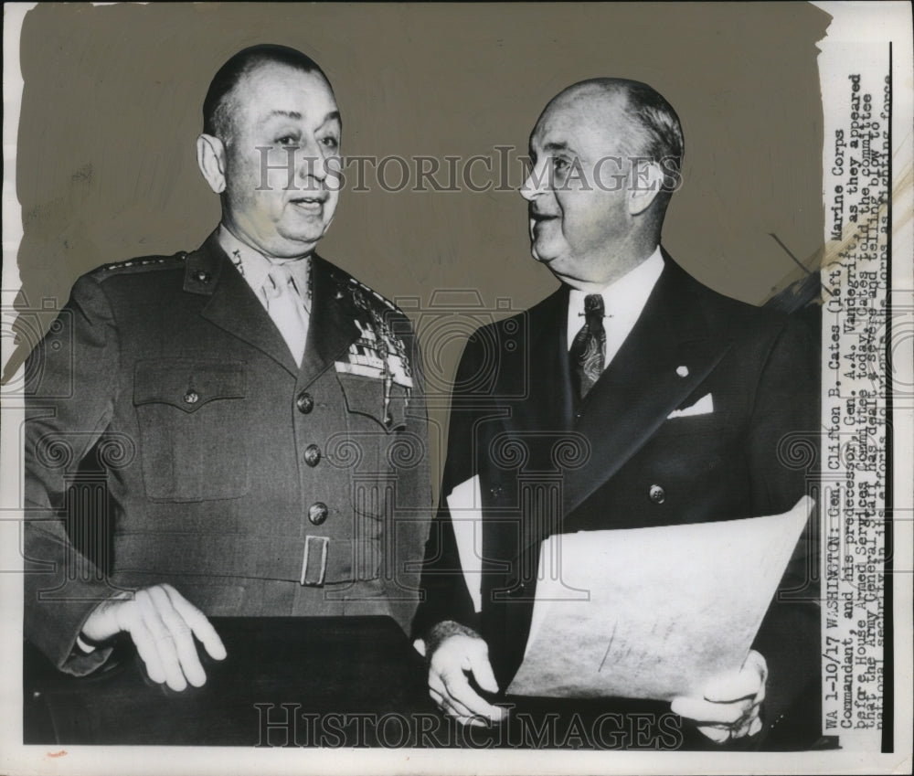 1949 Press Photo Gen Clifton B Cates of Marines &amp; Gen AA Vandegrift in DC- Historic Images