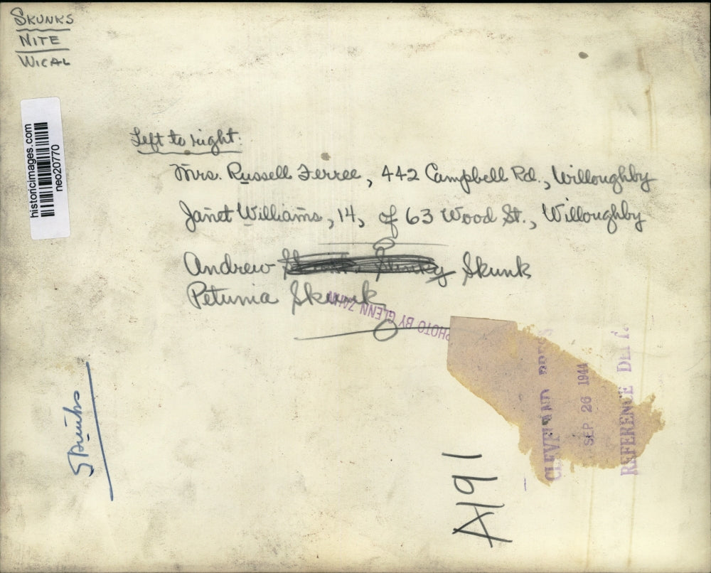 1944 Press Photo Mrs. Russel Ferree & Janet Williams with Pet Skunks - neo20770