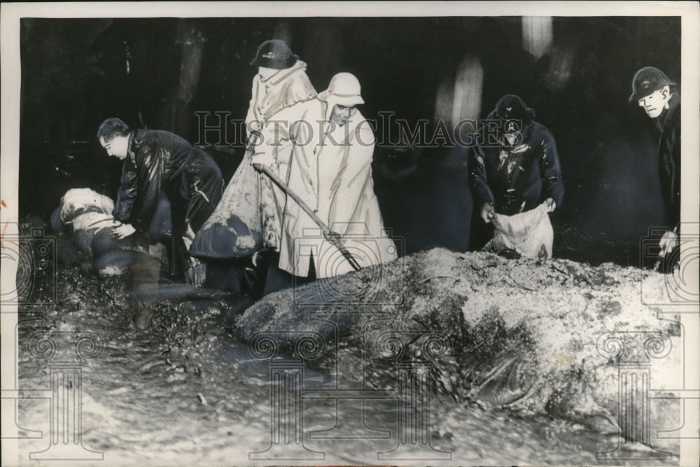 1954 Press Photo Sierra Madre, CA Volunteers Work to Sandbag Street for Safety