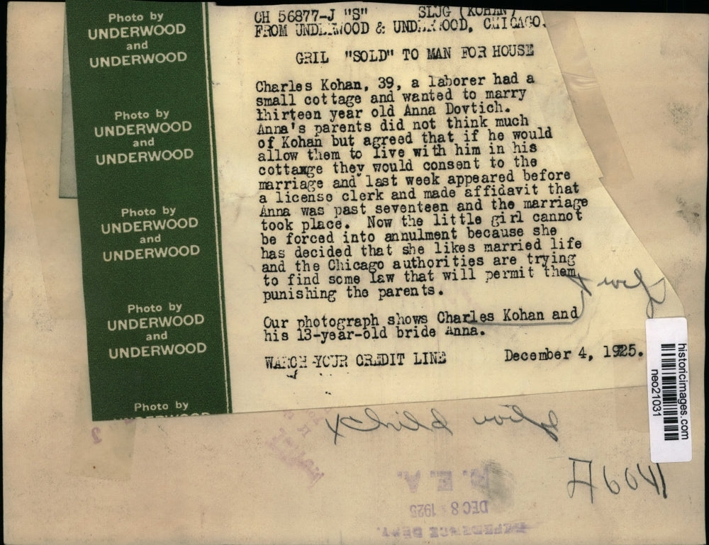 1925 Press Photo Charles Kohan, 39, Marries Anna Dovtich, 13 - neo21031
