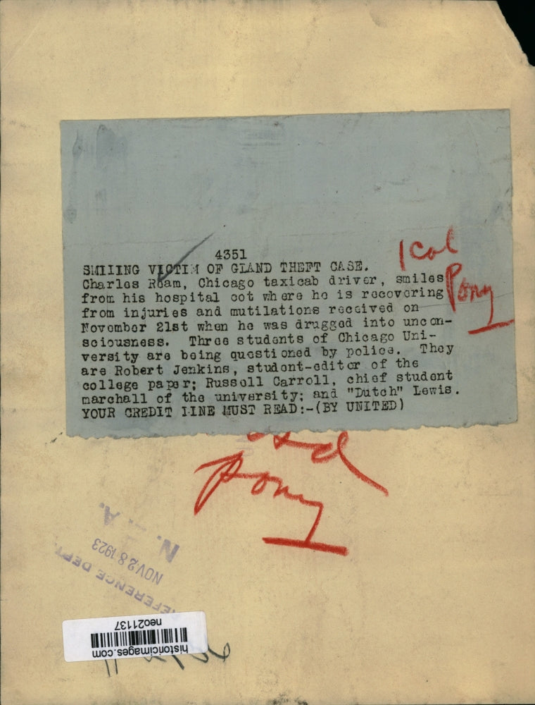 1923 Press Photo Charles Roam in Hospital, Recovering from Injuries from Attack