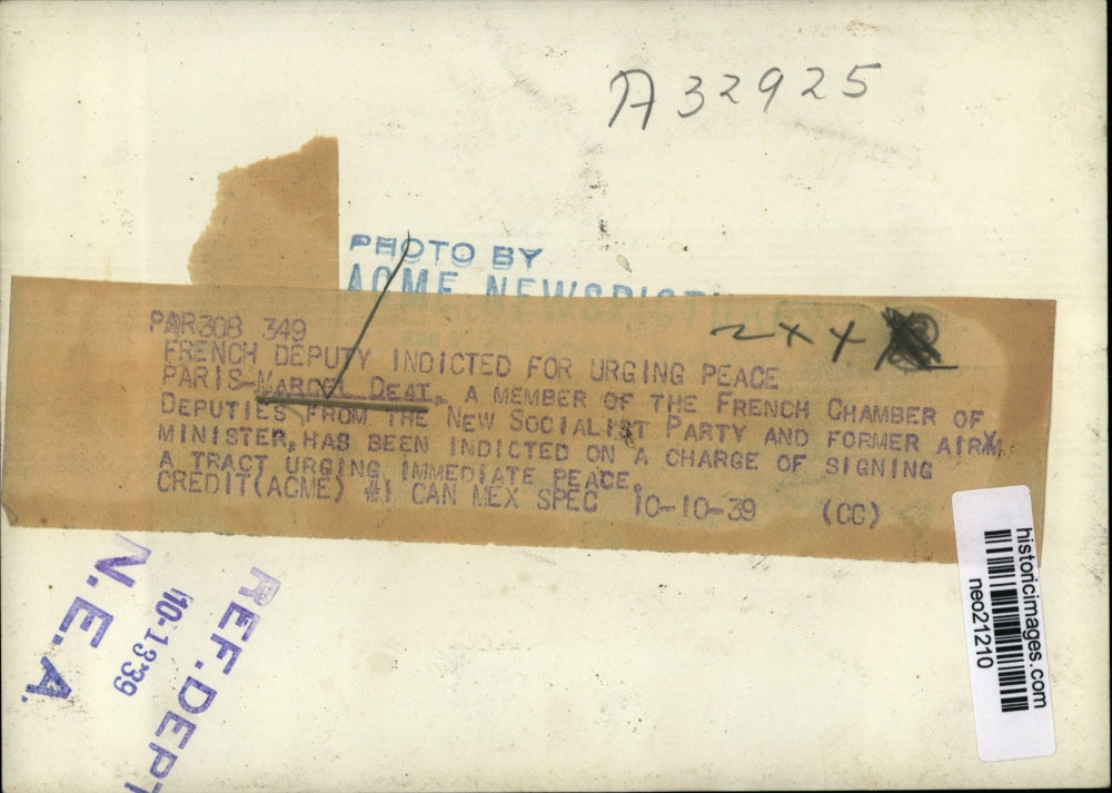 1939 Press Photo Marcel Deat, French Chamber of Deputies Member, Indicted