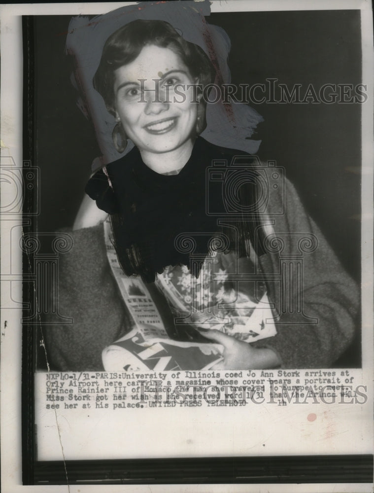 Load image into Gallery viewer, 1955 Press Photo Jo Ann Stork arrives at Orly Airport - neo21245
