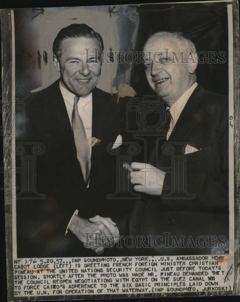 Load image into Gallery viewer, 1957 Press Photo US Ambassador Henry Cabot Lodge &amp; Christian Pineau at UN
