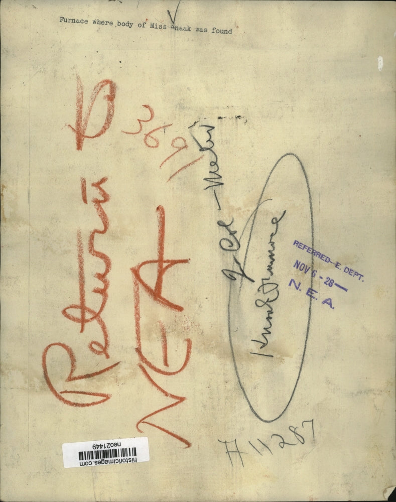 1928 Press Photo Furnace where body of Miss Anaak was found - neo21449