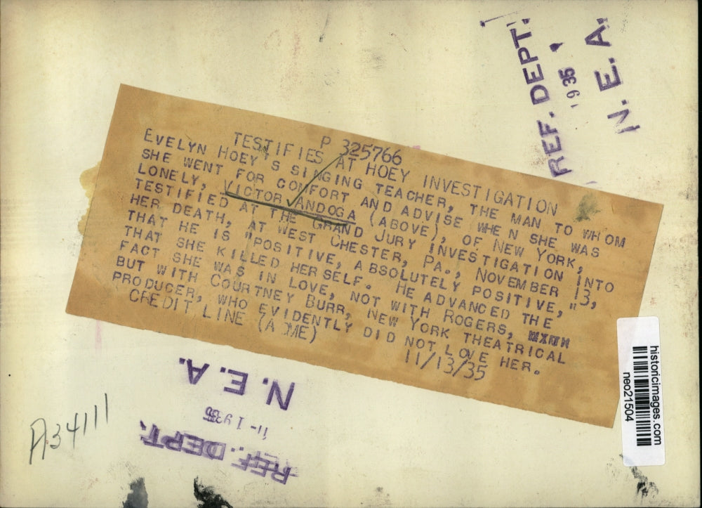 1935 Press Photo V Andoga of NY Testified at Grand Jury on Death of Evelyn Hoey