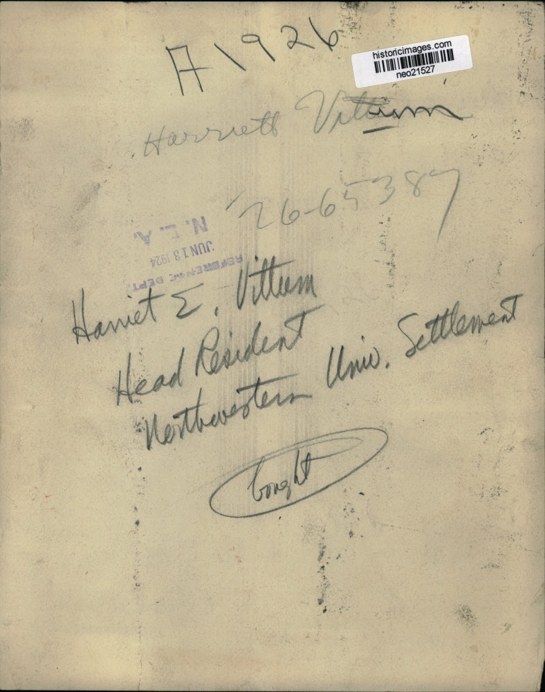 1924 Press Photo Harriet E Vittum, Head Resident of Northwestern Univ Settlement