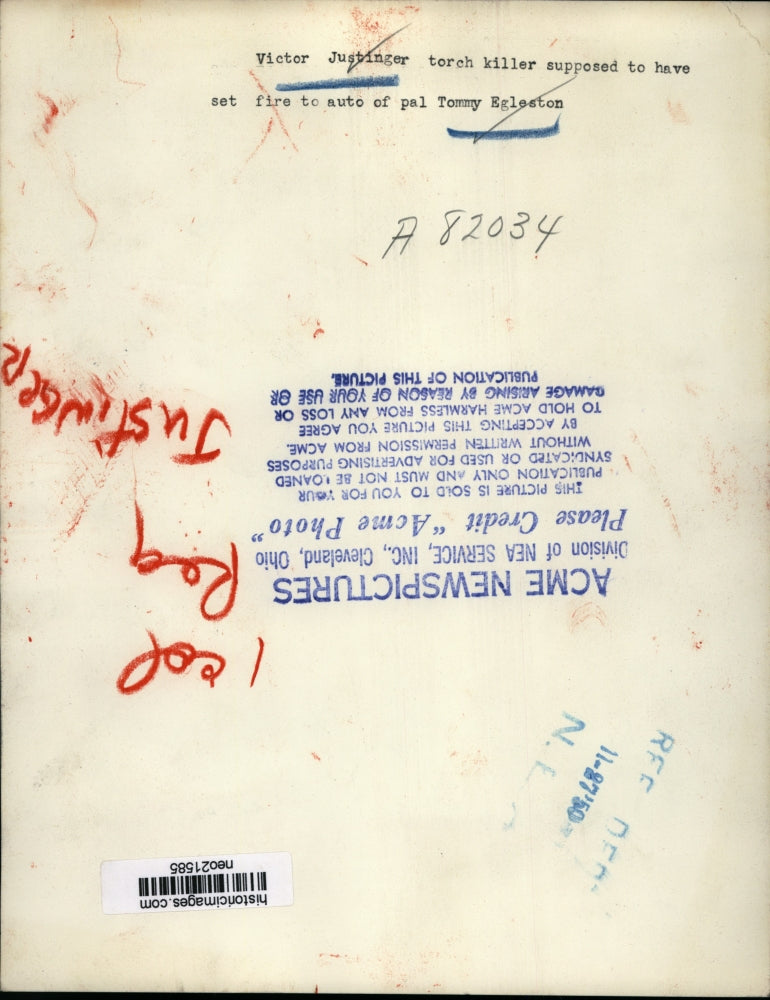 1950 Press Photo Victor Justinger, Killer Who Torched Tommy Egleston's Car