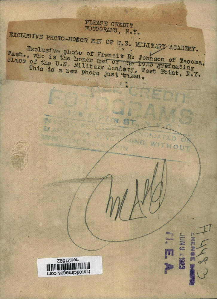 1923 Press Photo Francis R. Johnson of Tacoma, WA, Graduating from West Point