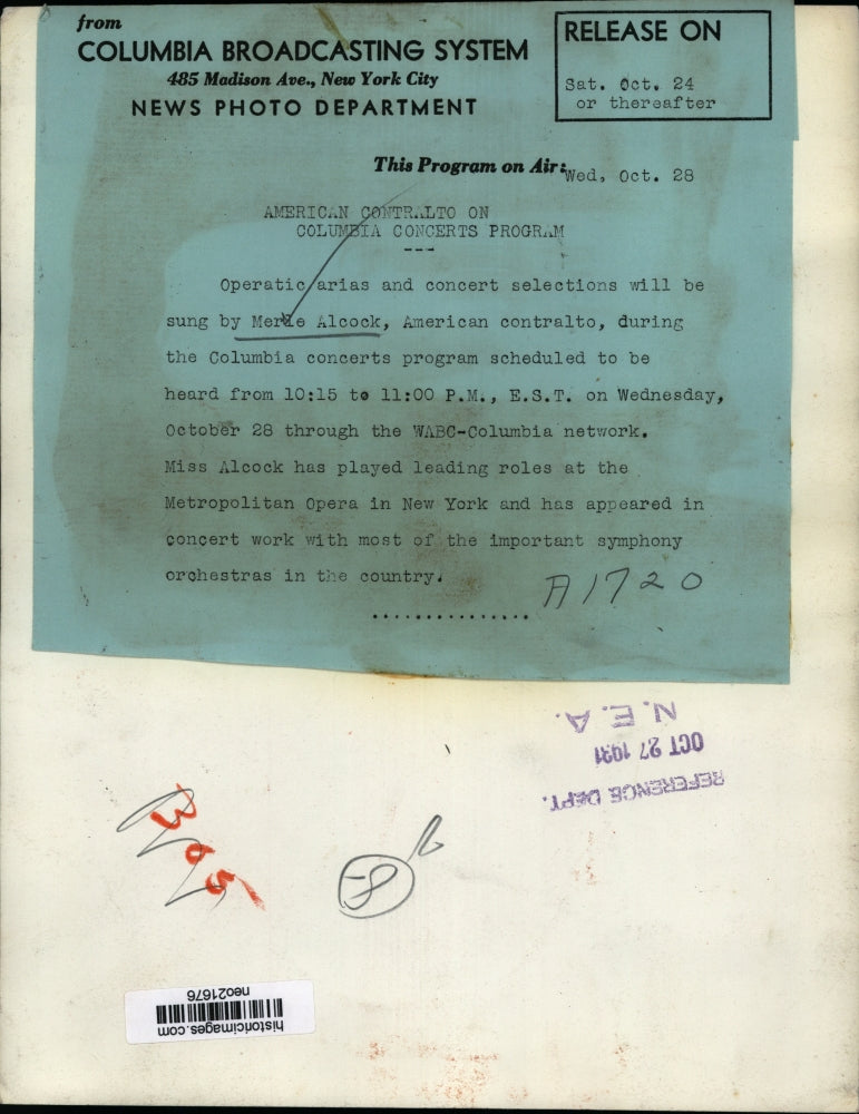 1931 Press Photo Merle Alcock, American Contralto, During Columbia Concerts Prog