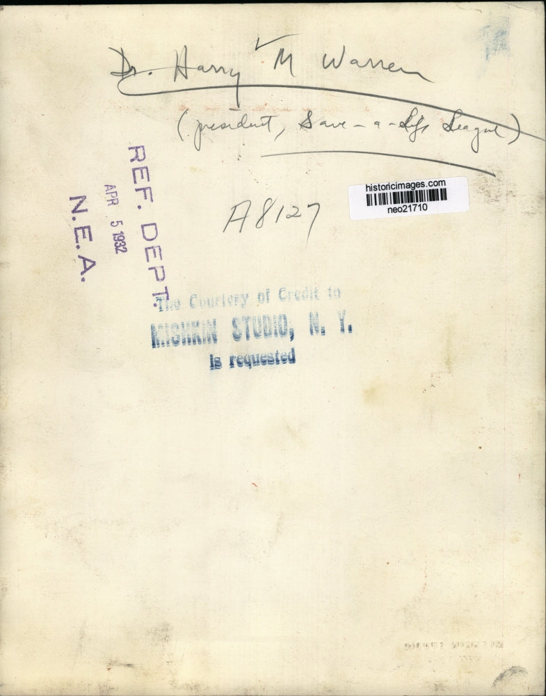 1932 Press Photo Dr. Harry M. Warren, Pres of Save a Life League - neo21710