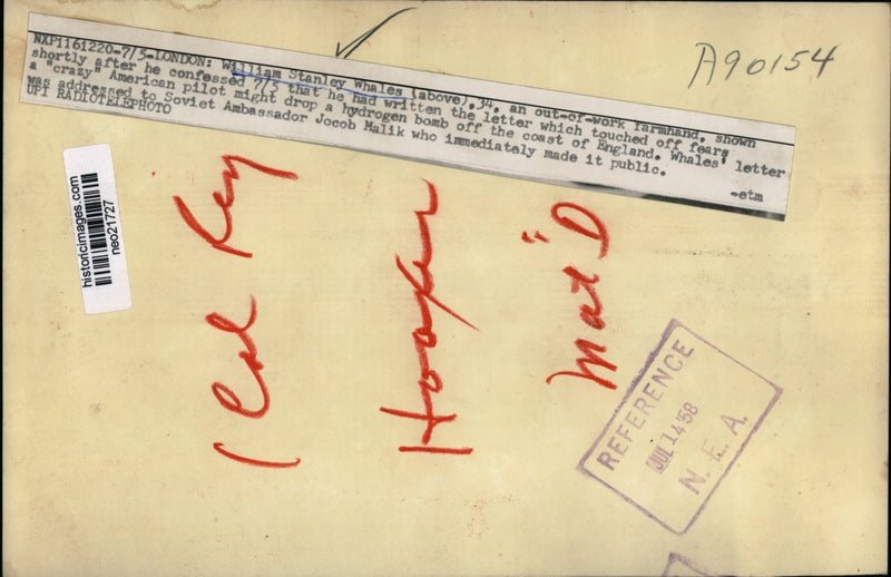 Load image into Gallery viewer, 1958 Press Photo William Stanley Whales confessed to writing bomb letter
