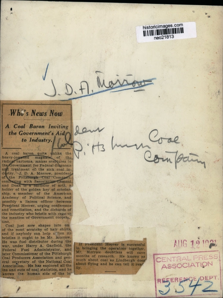 1931 Press Photo J.D.A. Morrow President of Pittsburgh Coal Company - neo21813