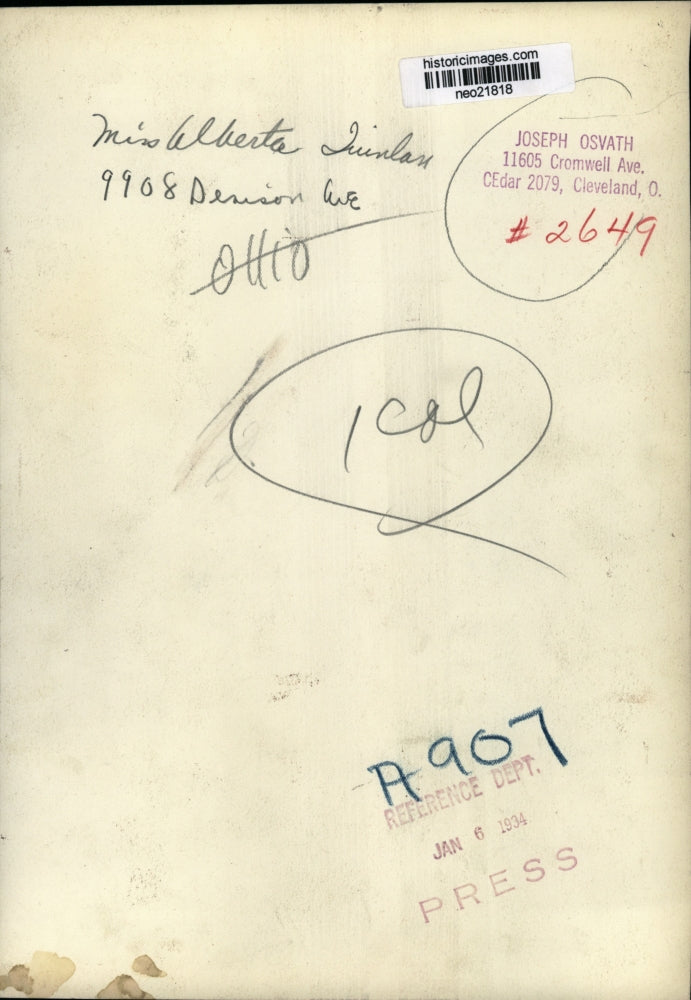 1934 Press Photo Alberta Juinlan of Cleveland,Ohio - neo21818